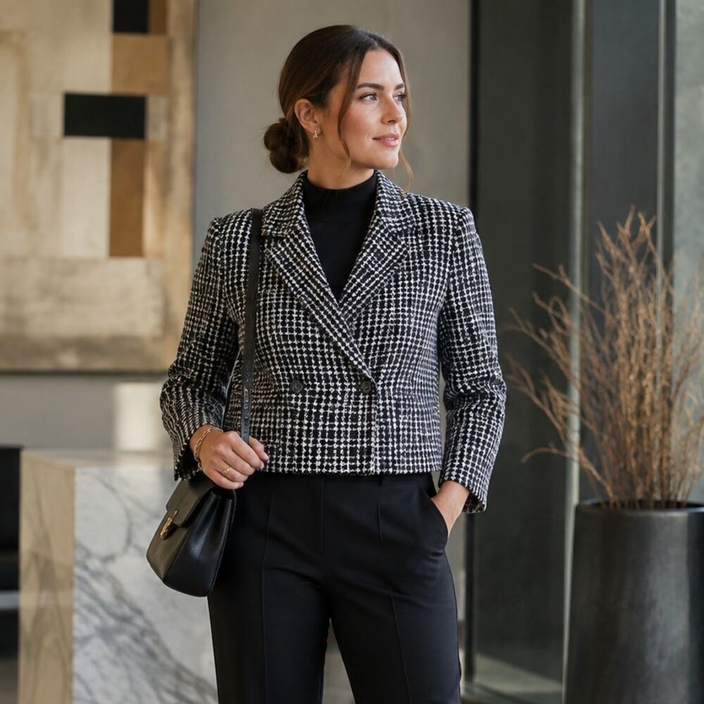 Black White Houndstooth Double Breasted Blazer 6 Cropped Office Siren Tahari